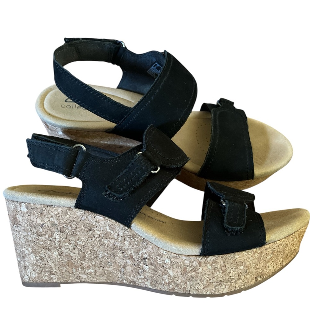 Clarks Black Rose Lane Black Slingback Platform Wedge Sandals w/straps Size 7.5 - Picture 5 of 15